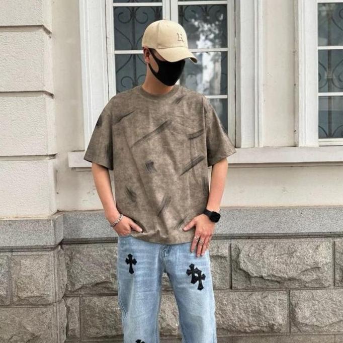 Kaos Pria Premium Tie Dye | T-Shirt Katun Spandex Abu Hijau Army | Regular Fit Crewneck Lengan Pende