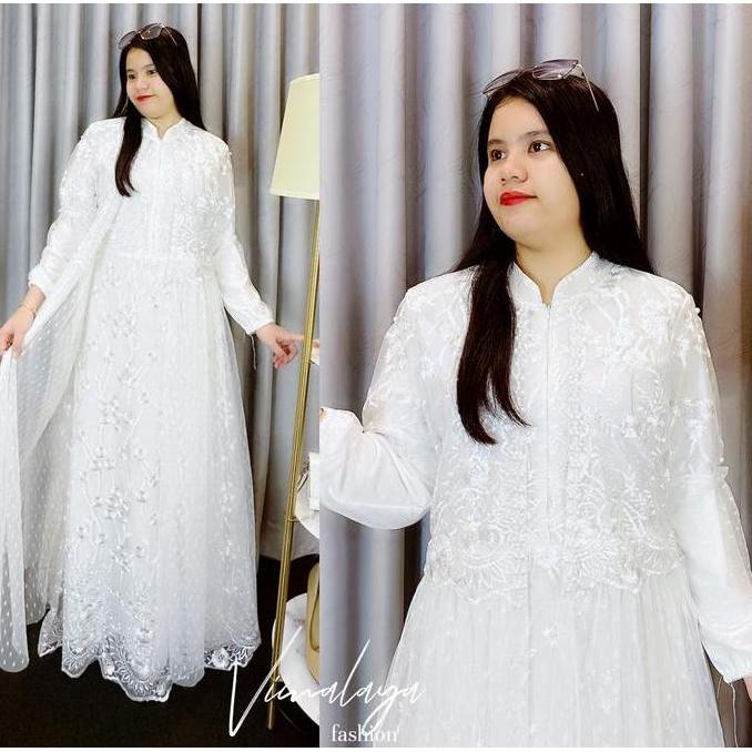 Gamis Putih Busui Jumbo Tile Bordir Kombinasi Tile Tutu Baju Muslim Vima 76701