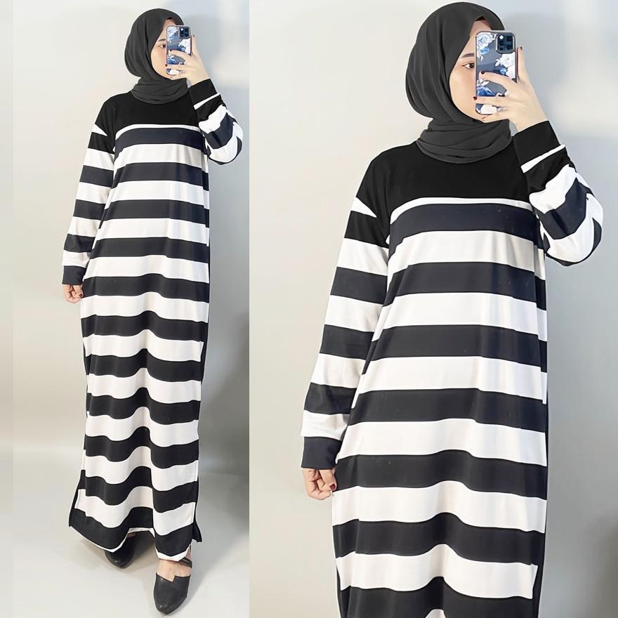Gamis Azza Salur Hitam Putih Maxy Wanita GL Fashion
