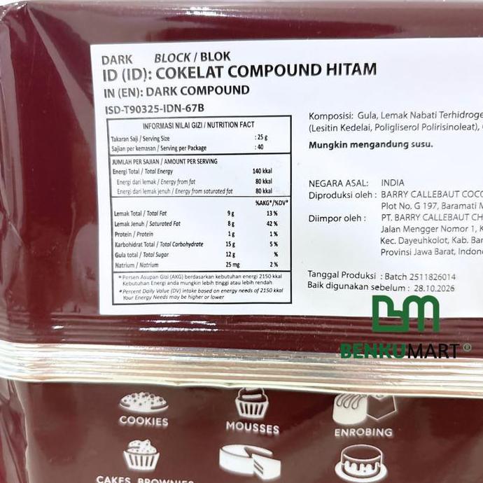 Van Houten Dark Compound Classic Block (1 Kg) | Coklat Batang Van Houten Professional Cokelat (1000 
