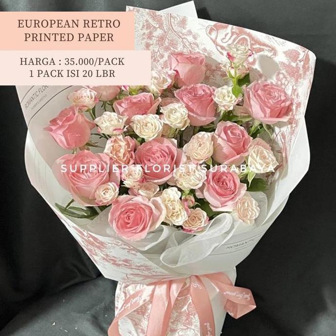 Edardo_id - [1 PACK ISI 2 LEMBAR] KERTAS WRAPPING BUNGA 58CM X 42CM EUROPEAN RETRO PRINTED PAPER KOR