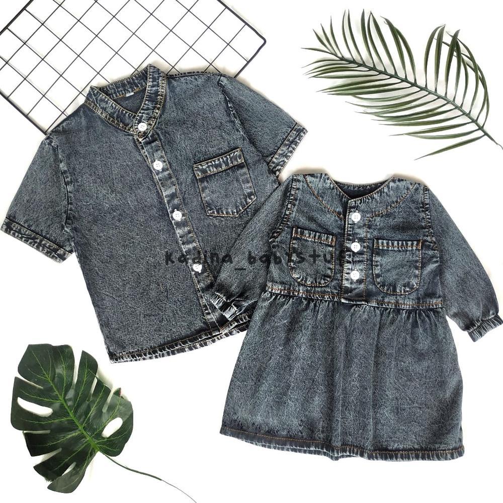 CUCI GUDANG KEMEJA JEANS COUPLE KELUARGA/ DRESS JEANS ANAK SNOW WASH BLACK/ KEMEJA ANAK JEANS SAND W