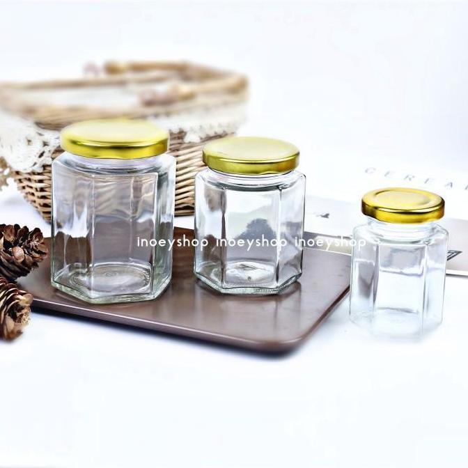 JAR /BOTOL /TOPLES KACA HEXAGONAL 280ML TUTUP GOLD