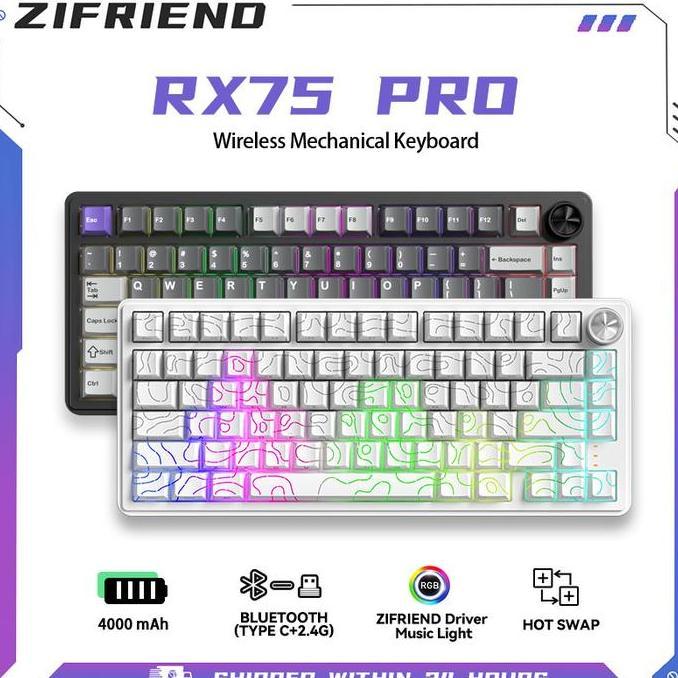 ZIFRIEND RX75Pro Wireless Mechanical Keyboard 75Layout RGB 3-5Pin Hot swap Independently Driven Gami
