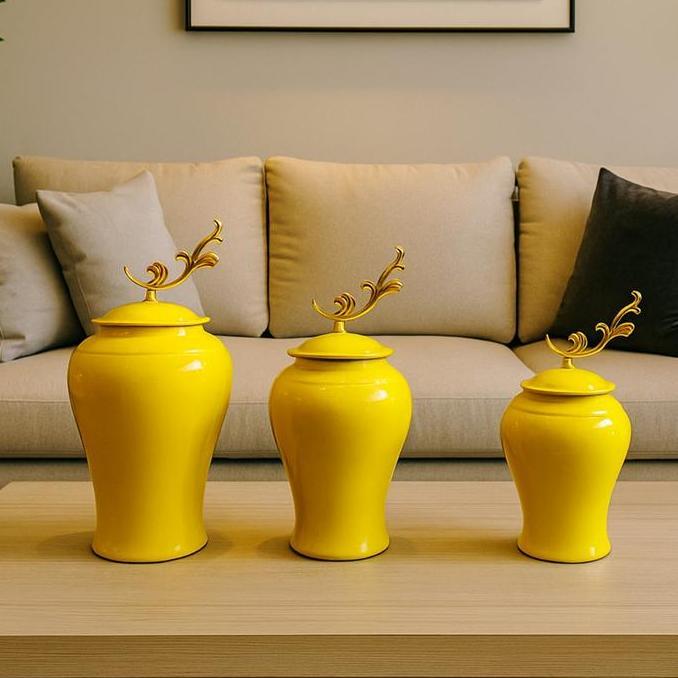 Termurah / Hot Sale Toples Vas Keramik Kuning Glossy Ornamen Gold Elegan Untuk Aksen Dekorasi Rumah 