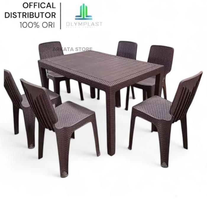 (INSTAN) 1 Set meja Makan Plastik 120 ODT-R + 6 Kursi Olymplast Rotan OL 208