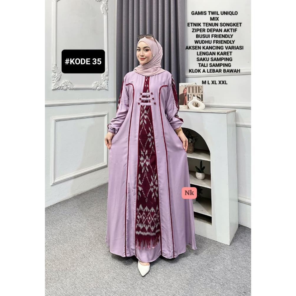 Flash Sale Gamis Twill Ori Kombinasi Etnik Tenun Songket.Gamis Muslim Viral 2026.Gamis Model Terbaru