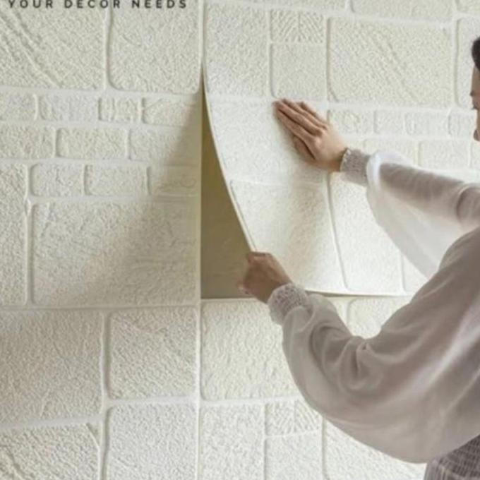 paket wallpaper foam 3D peredam panas dan suara pada dinding plafon motif batu alam bata putih tebal