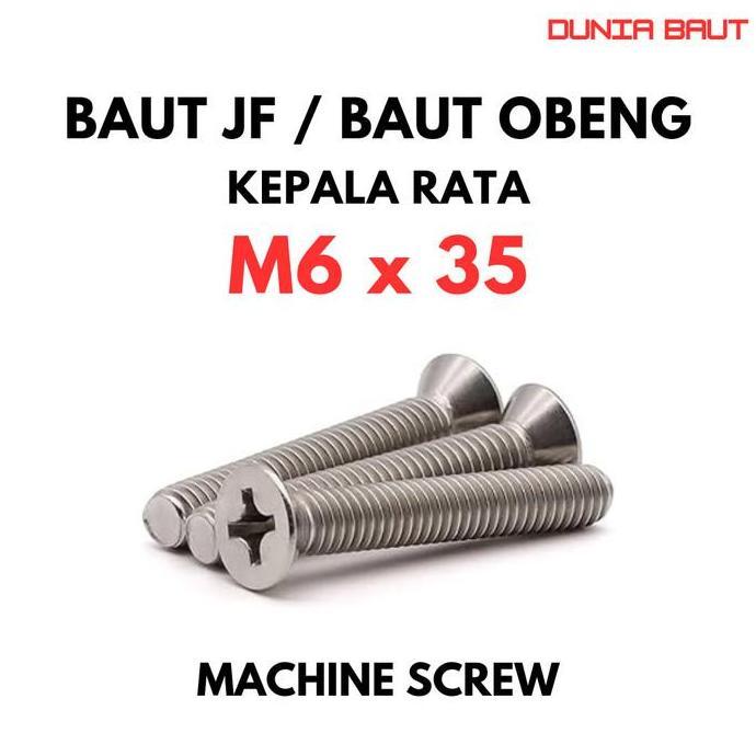 Murah [Isi 200 Pcs] Baut Jf M6X35 Machine Screw M6 X 35 Flat Head 6X35 Baut Obeng + Kepala Rata Stai