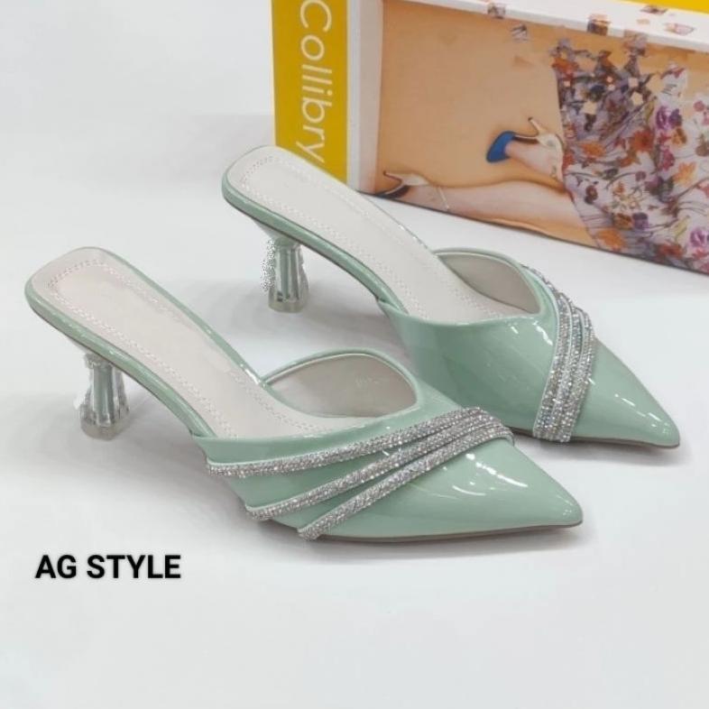 Sandal Wanita Hak Kaca Kerucut Mutiara Import
