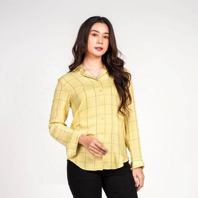 Termurah / Hot Sale C2 Fuegon Yellow Kemeja Casual Wanita Lengan Panjang Motif Kotak