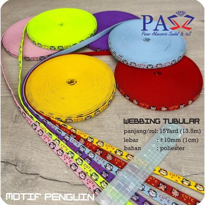 Webbing Tubular Polyester Motif Penguin 1 cm (Harga 1 rol)