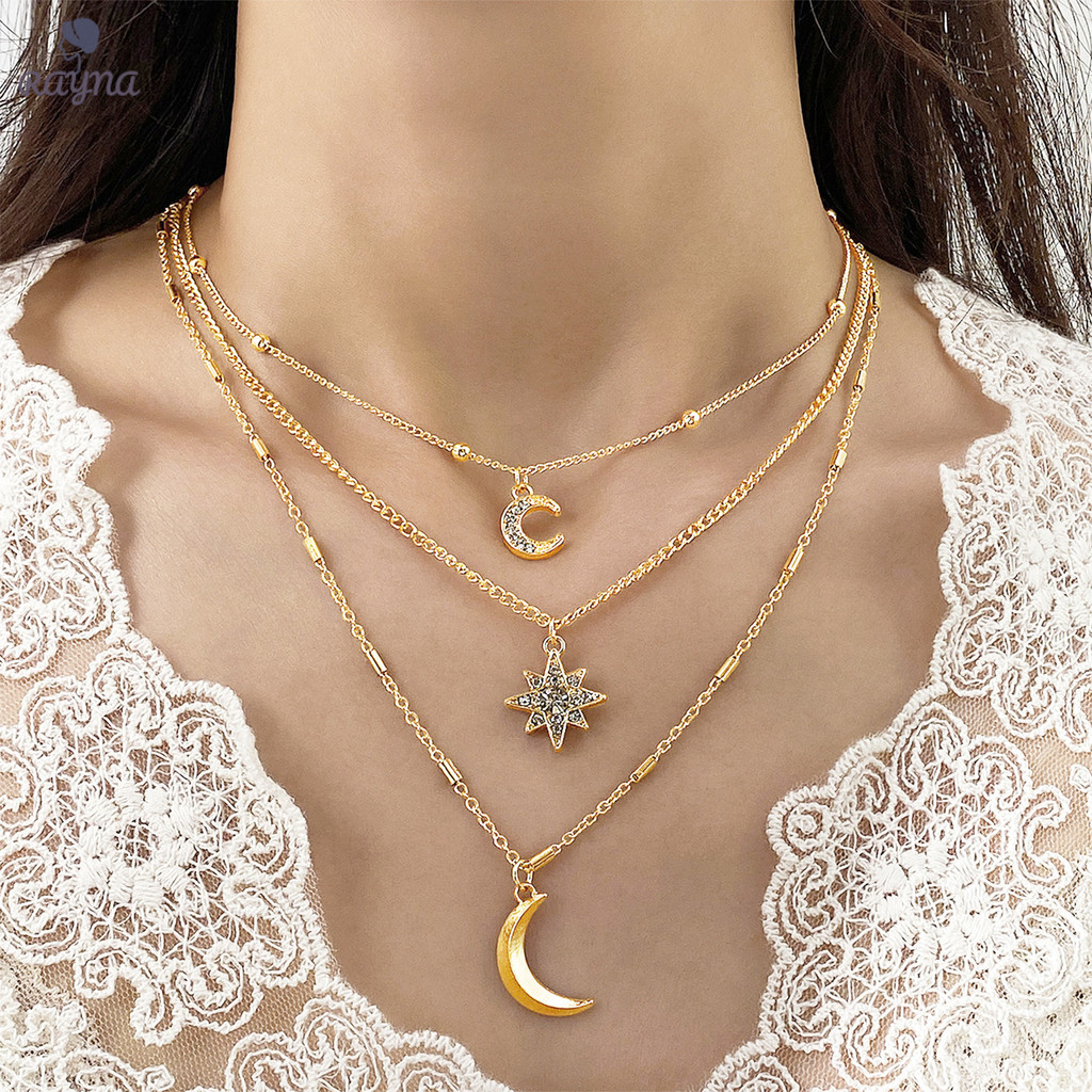 RAYNA Kalung Liontin Bintang Dan Bulan - Kalung Berlapis Vintage