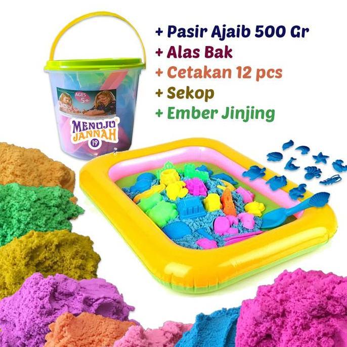 Paket Pasir Ajaib 500 Gram + Alas Main + Sekop + Cetakan + Ember Toples, Mainan Edukasi Anak