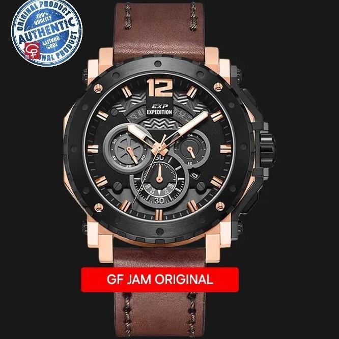 EXPEDITION E6402 E 6402 MAN BLACK ROSEGOLD LEATHER STRAP JAM TANGAN