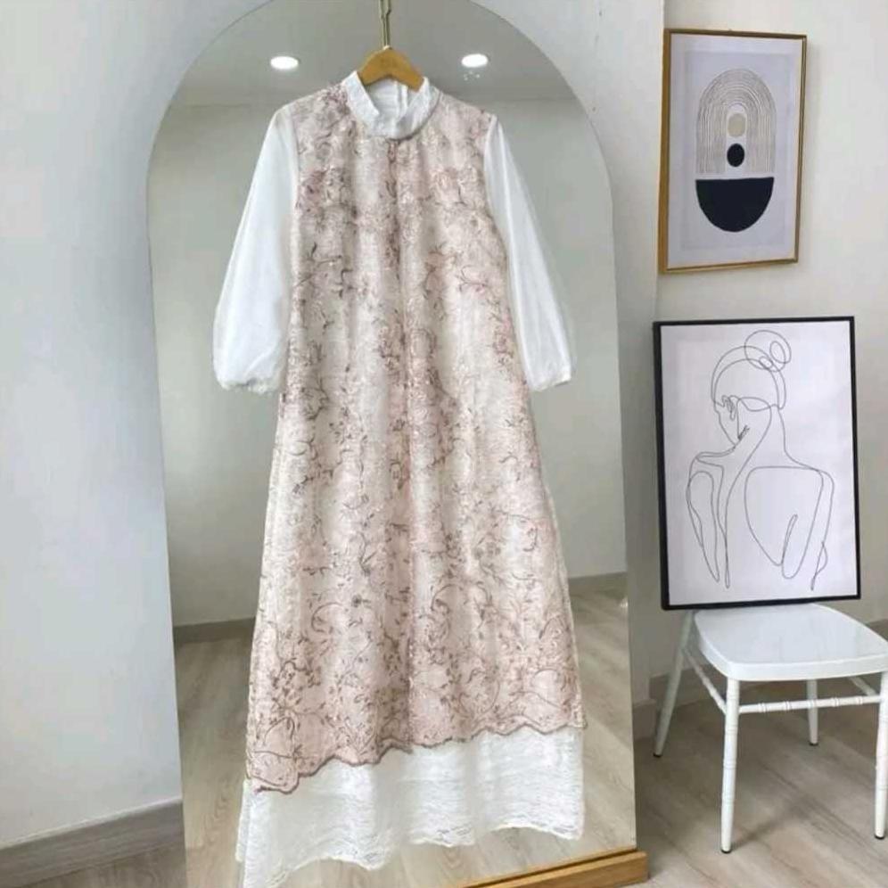 CUMA HARI INI Gamis Brokat Kondangan Flower Maxy BO Bahan Kain Brukat Malika Full Puring Mix Brukat 