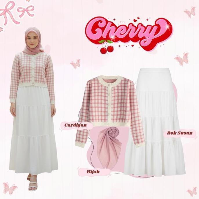 One Set Wanita Kekinian | Cardigan Rajut Snow Pink + Rok Susun Putih + Hijab Bella Square Dusty Pink