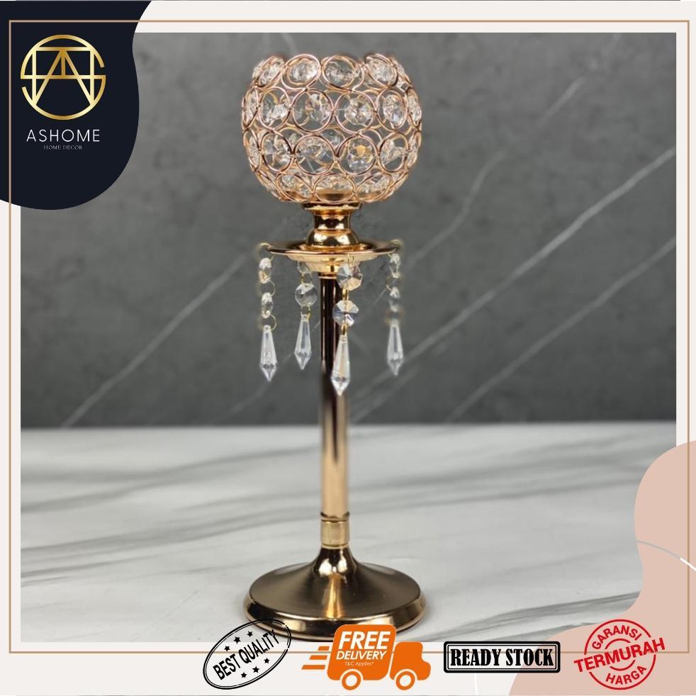 Tempat Lilin Kristal Gold dengan Gantungan Kristal Ukuran Large / Tempat Lilin Krsital Emas / Tempat
