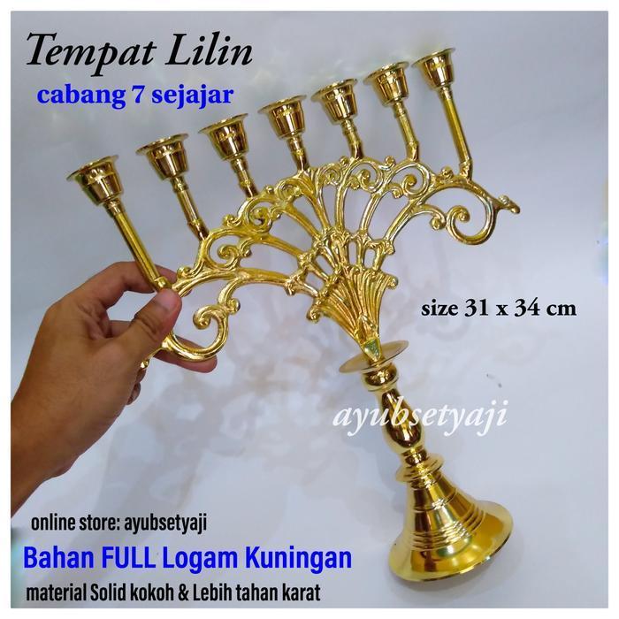 Tempat Lilin Cabang 7 sejajar FULL Kuningan solid Kaki Dian BRASS Gold