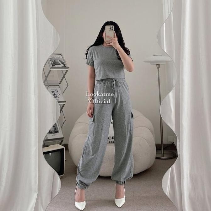 Promo Lookatmeofficial - Maurel Cargo Set - Setelan Atasan Jogger Cargo Wanita Panjang Baju Crop Cod