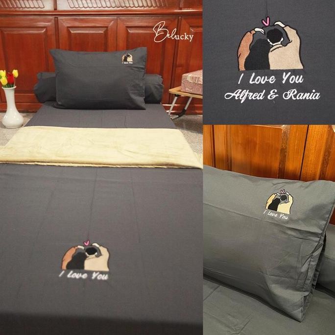 HARGA DISC - Sprei Set Katun Motif Bordir Custom Nama Kado Pernikahan Seserahan