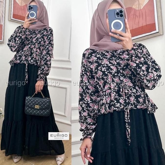 DF150>> Tiara Maxy - Gamis Wanita Ceruty Full Furing Resleting Depan Serut Pinggang / 563-7271 Maxi 