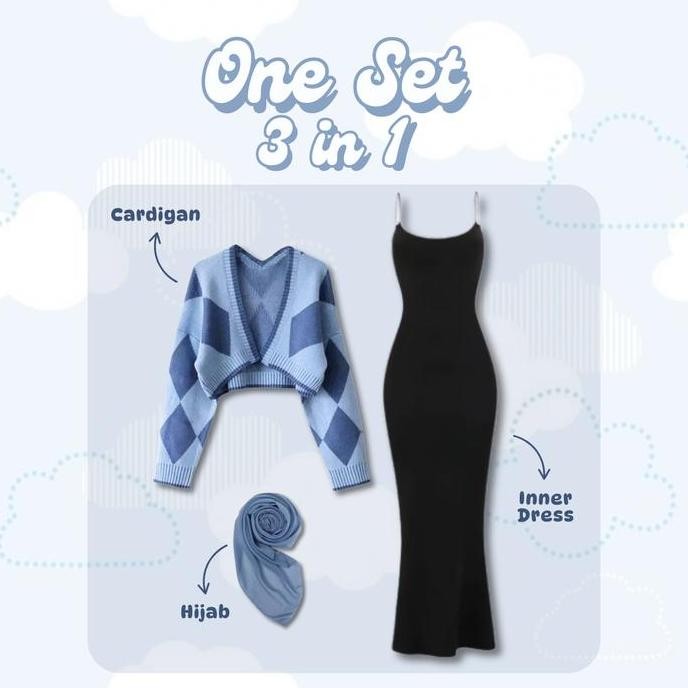 DB103 >> Korean Style One Set 3 in 1 | Cardigan Rajut Biru + Inner Dress Slim-Fit + Bella Square Den