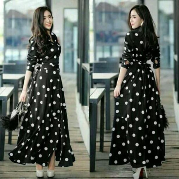 DI105 >> GAMIS DRESS PANJANG HITAM POLKADOT PUTIH POLKA SERRA
