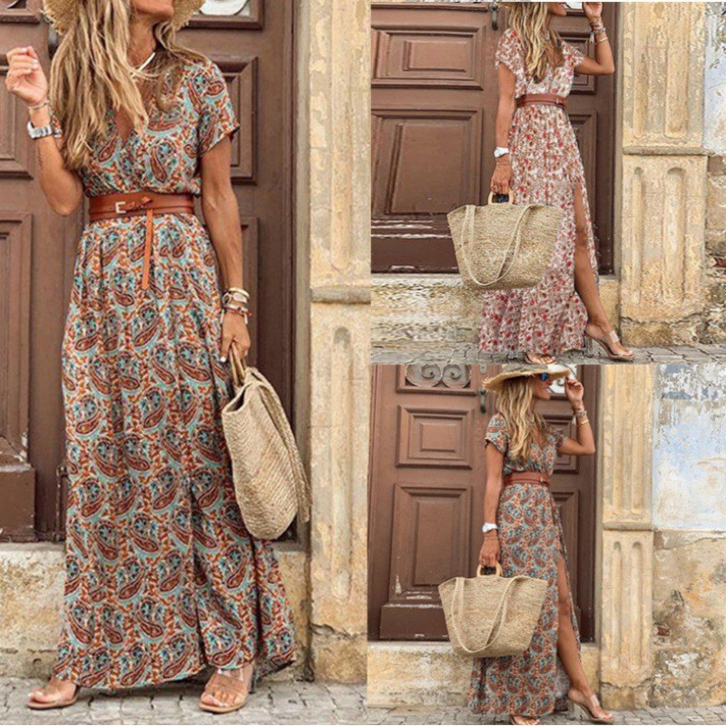 Bohemian Style V Floral Print Dress