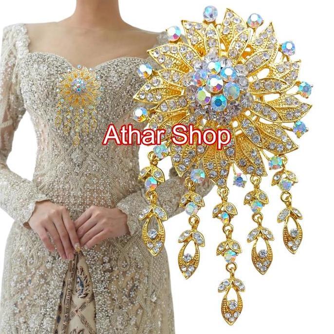Bros Pengantin Jumbo Mewah Bunga Menjuntai Gold Dan Silver Aksen Kristal Premium Elegan untuk Gaun P
