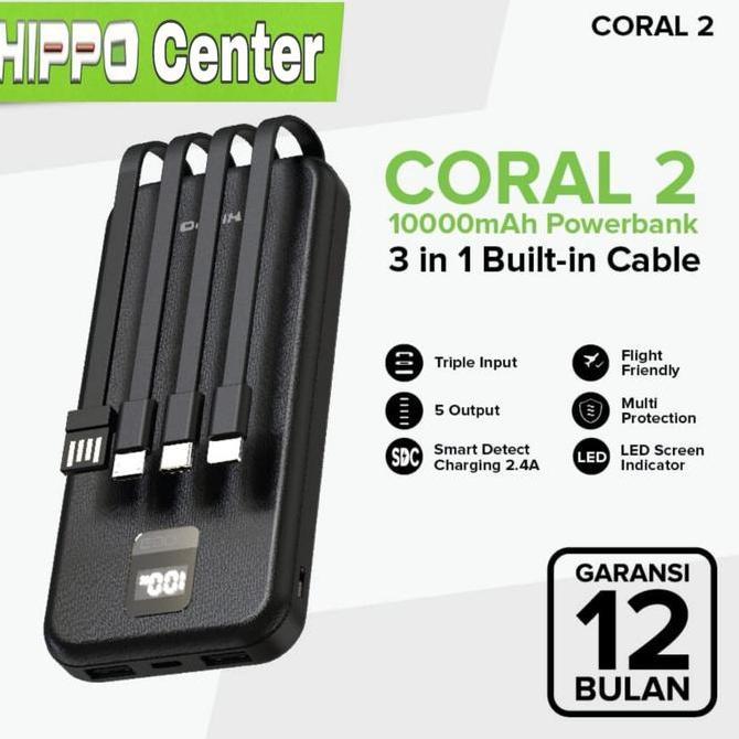 DE140 >> Hippo Power Bank CORAL 2 10000MAH 3 in 1 Kabel Built in Smart Detect Charger