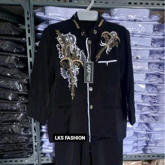 DF349>> Jas,ko setelan bordir anak laki  laki, Kain hightwits Baju muslim anak Tangan Panjang Hitam 