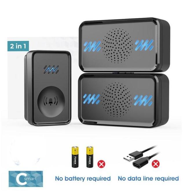 KAHONO- Bel Pintu Rumah Remote C Smart Black Wireless Waterproof Doorbell 1x Remote 2x Receiver Wire
