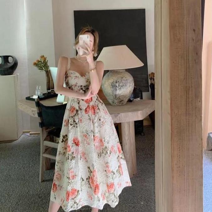 Promo EMILY beige flower midi dress woman premium / korean summer dress / beachwear bali / dress pan