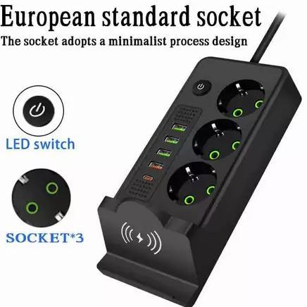 Electron Stop Kontak 2500W Multi Socket Nirkabel Charge Colokan Listrik 3 Lubang + 4 USB + Type C 2M