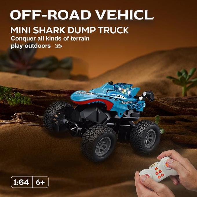 POKO 1:64 RC Stunt Car Monster Truck Mobil Remote Dinosaurus & Hiu, Bisa Berdiri Tegak & Efek Putar 