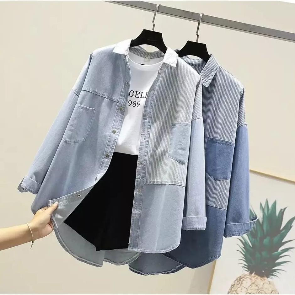Rosebrand Shop Kemeja Wanita Kekinian Korean Style 960 - Kemeja Jeans Denim Atasan Wanita Kombinasi 