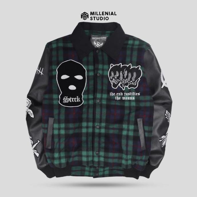 Promo VARSITY JACKET CRIMINAL JAKET KERAH GREEN FLANNEL FULL BORDIR ORIGINAL COD