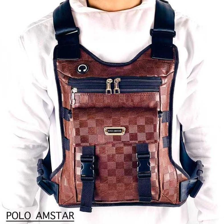 Tas Pria Selempang Dada Polo Amstar Kulit PU Kotak-Kotak