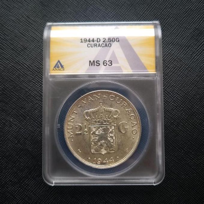 ANACS Koin Silver Netherland Curacao 2 1/2 Gulden 1944 MS63 UNC Luster SMR