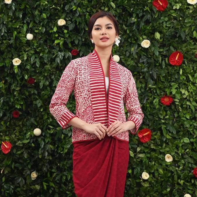 NONA RARA - Sea Dobi Merah Putih T4437, Baju kerja batik blouse outer wanita modern