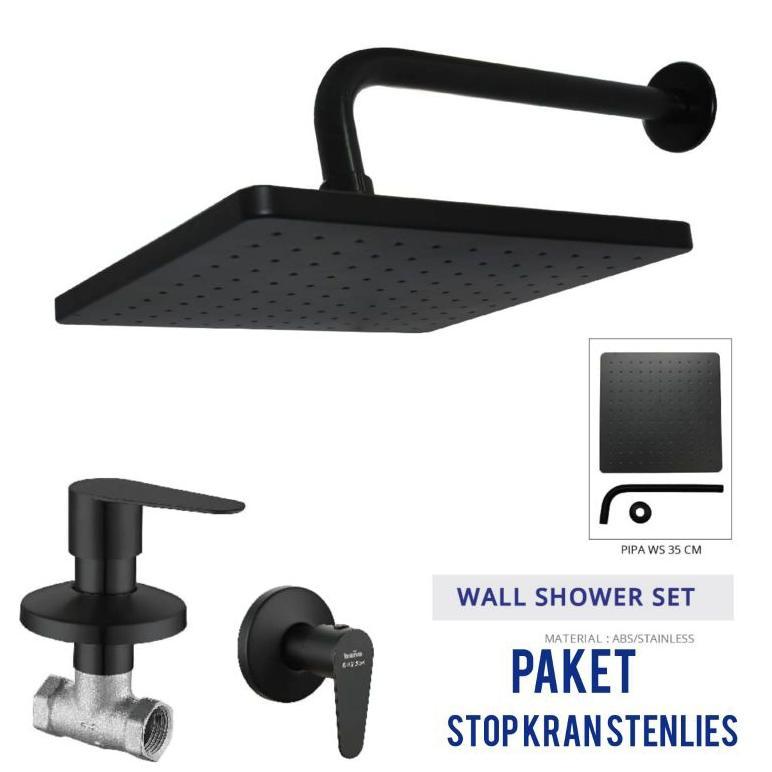Wal shower dinding tanam paket stop kran tanam stainles hitam/head shower paket Shower set