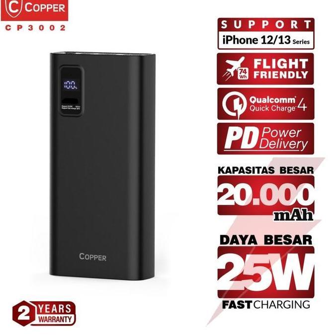 COPPER POWERBANK LED 20000 MAH - CP3002 | 25W POWER DELIVERY QC 4.0