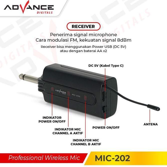 Advance MIC-202 / MIC202 Profesional 2 Mic Wireless Microphone Mikrofon Karaoke Mic Duet Logam Batre