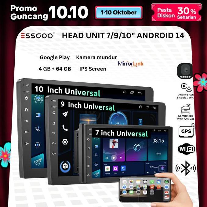 ESSGOO Head Unit Android 14 mobil 4G+64G  7/9/10 Inch 2 Din Kontrol Suhu Cerdas IPS Layer Mobil Navi