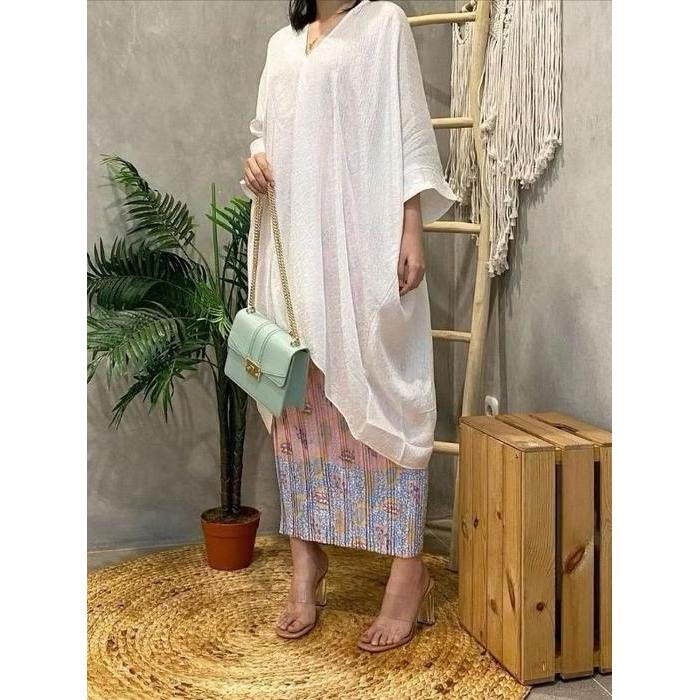 BLOUSE KAFTAN TUNIK ARUNA POLOS BATIK VISCOUSE (hanya atasan) Gaun Kondangan Wanita - Putih, Allsize