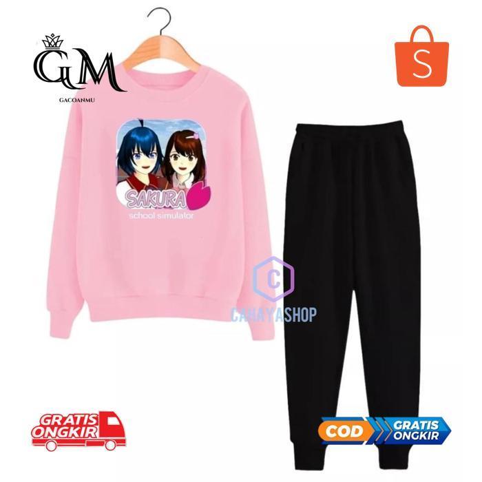 jg-56 fb-43 Baju Setelan Anak Cewek Lengan Panjang Motif Sakura School Simulator Viral Umur 4-11 Tah