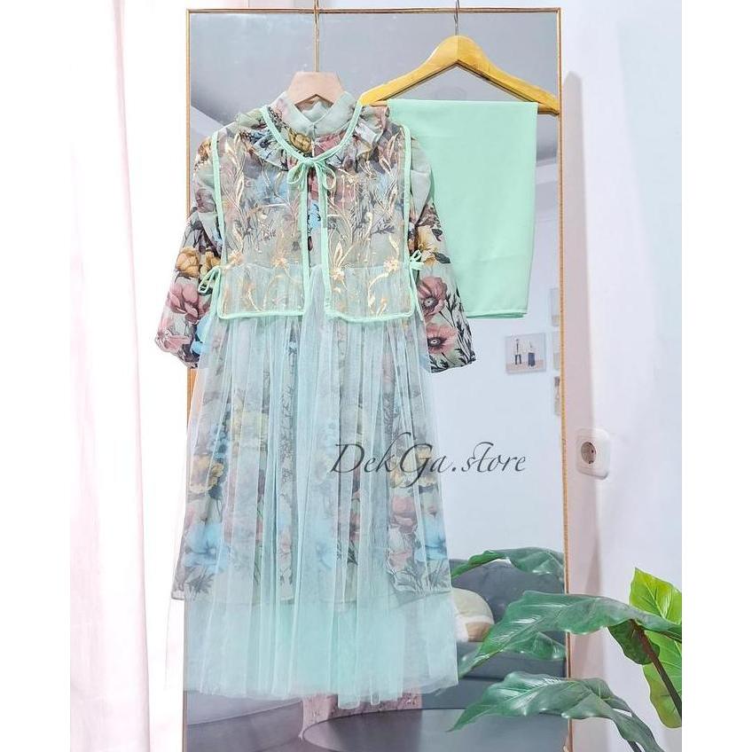 Promo Gamis Maudy set hijab ceruty printing Gamis anak kekinian 2025 lapis tile full furing 3-12tahu