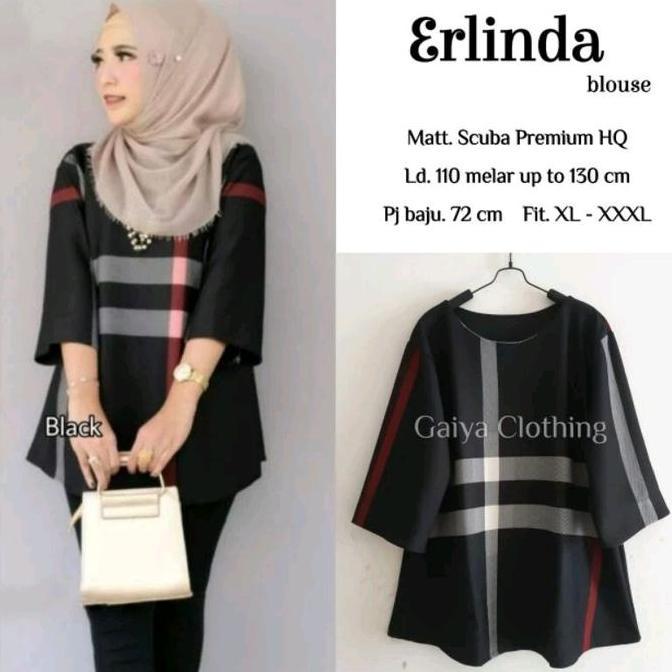 Promo BLOUSE ATASAN WANITA OVERSIZE SCUBA MOTIF KOTAK -ERLINDA Baju Nyaman Navy COD