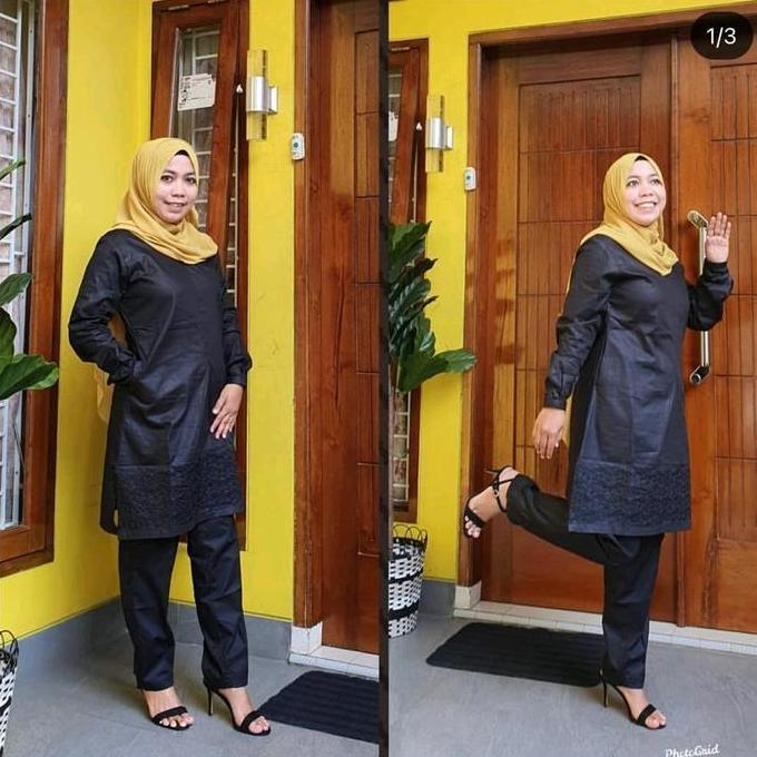 Promo SETELAN HITAM POLOS BORDIR/SETELAN HITAM/ Muslim/ Wanita/ Katun/tunik/ Baju COD